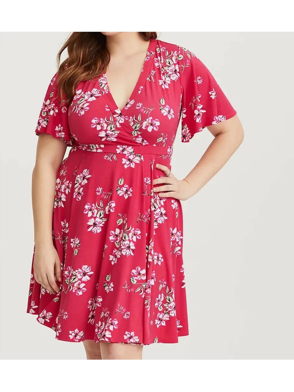 Torrid Brand Women's size 3 Jersey Knit Faux Wrap Raspberry Floral Dress
